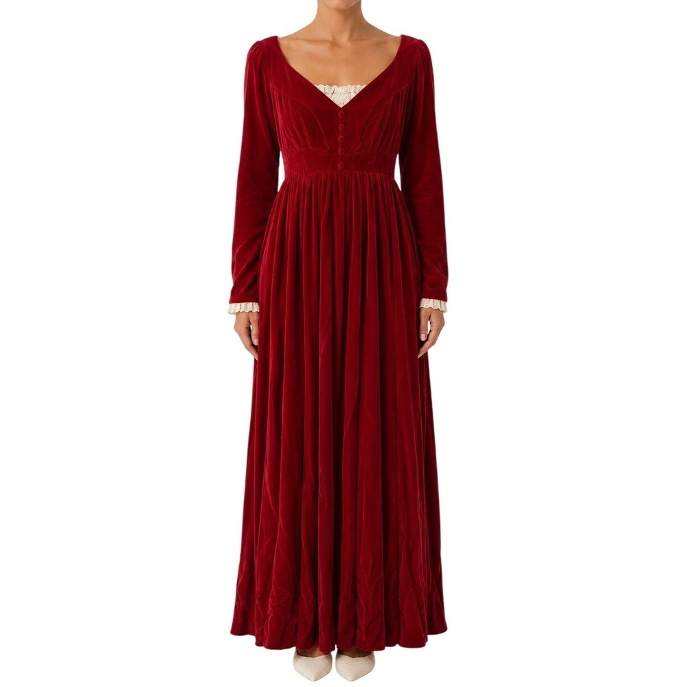 VTG Hand Made Red Velvet Empire Waist Boat Neck‎ Long Gown READ